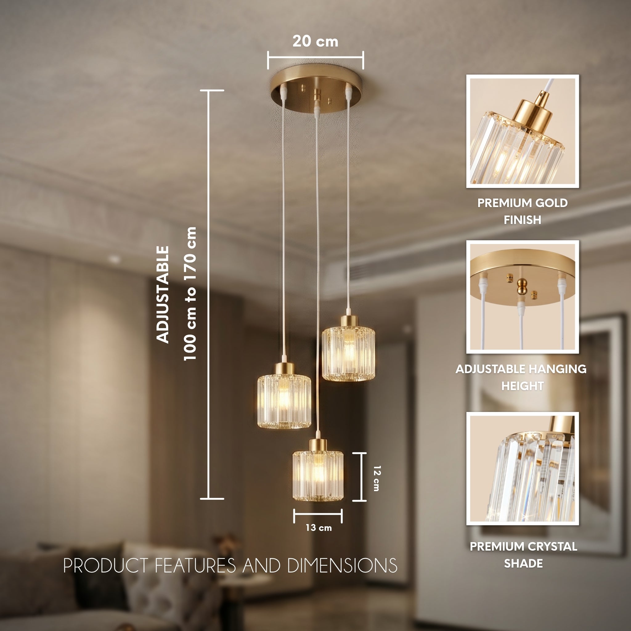 Hauspro Berlin Gold Modern Ceiling 3 Light Pendant