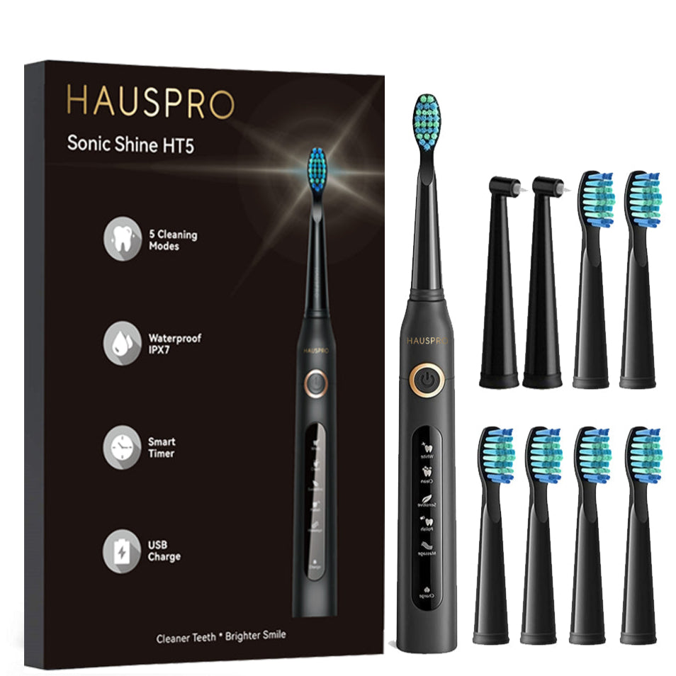 Hauspro Sonic Shine HT5 Electric Toothbrush Black - 8 Heads, 5 Modes includes Travel Case