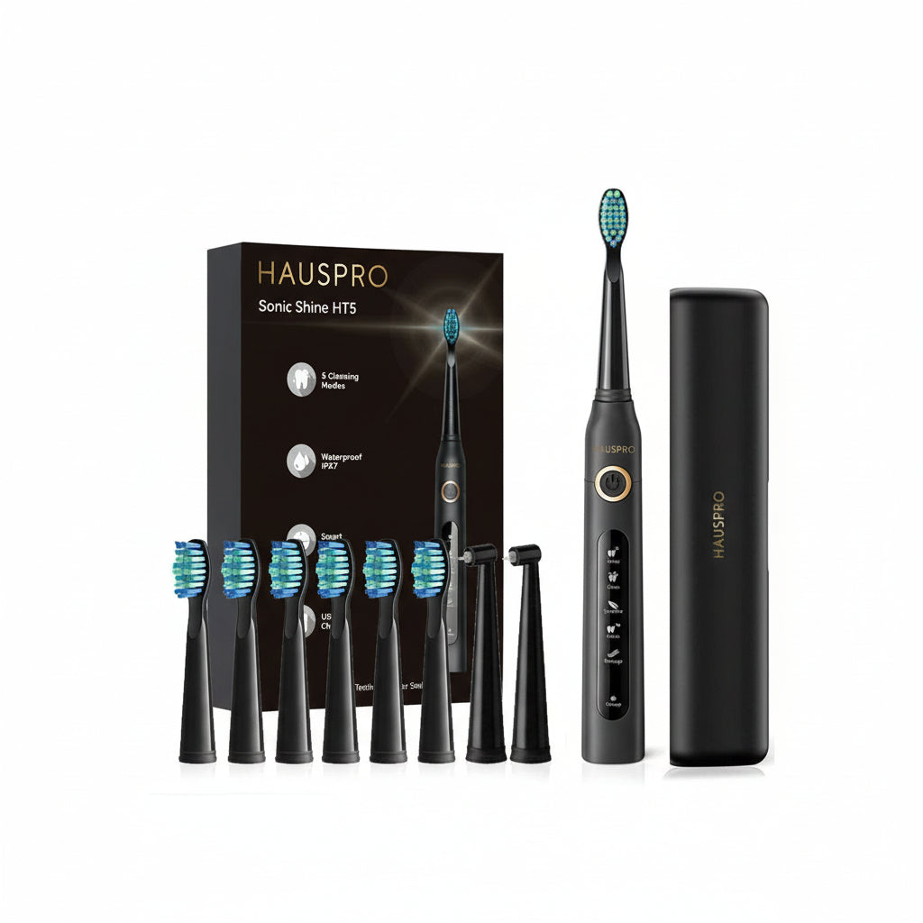 Hauspro Sonic Shine HT5 Electric Toothbrush Black - 8 Heads, 5 Modes includes Travel Case