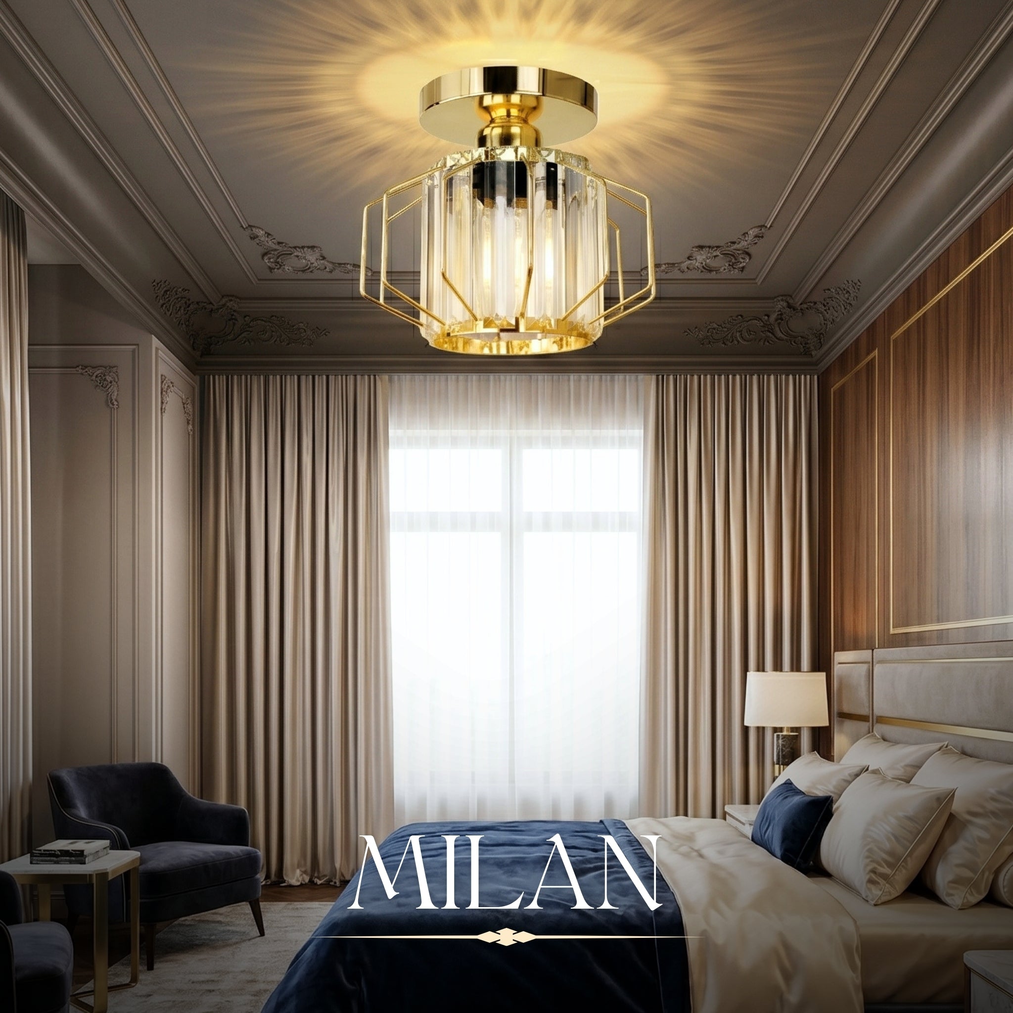 Hauspro Milan Gold Modern Geometric Style Flush Crystal Ceiling Light