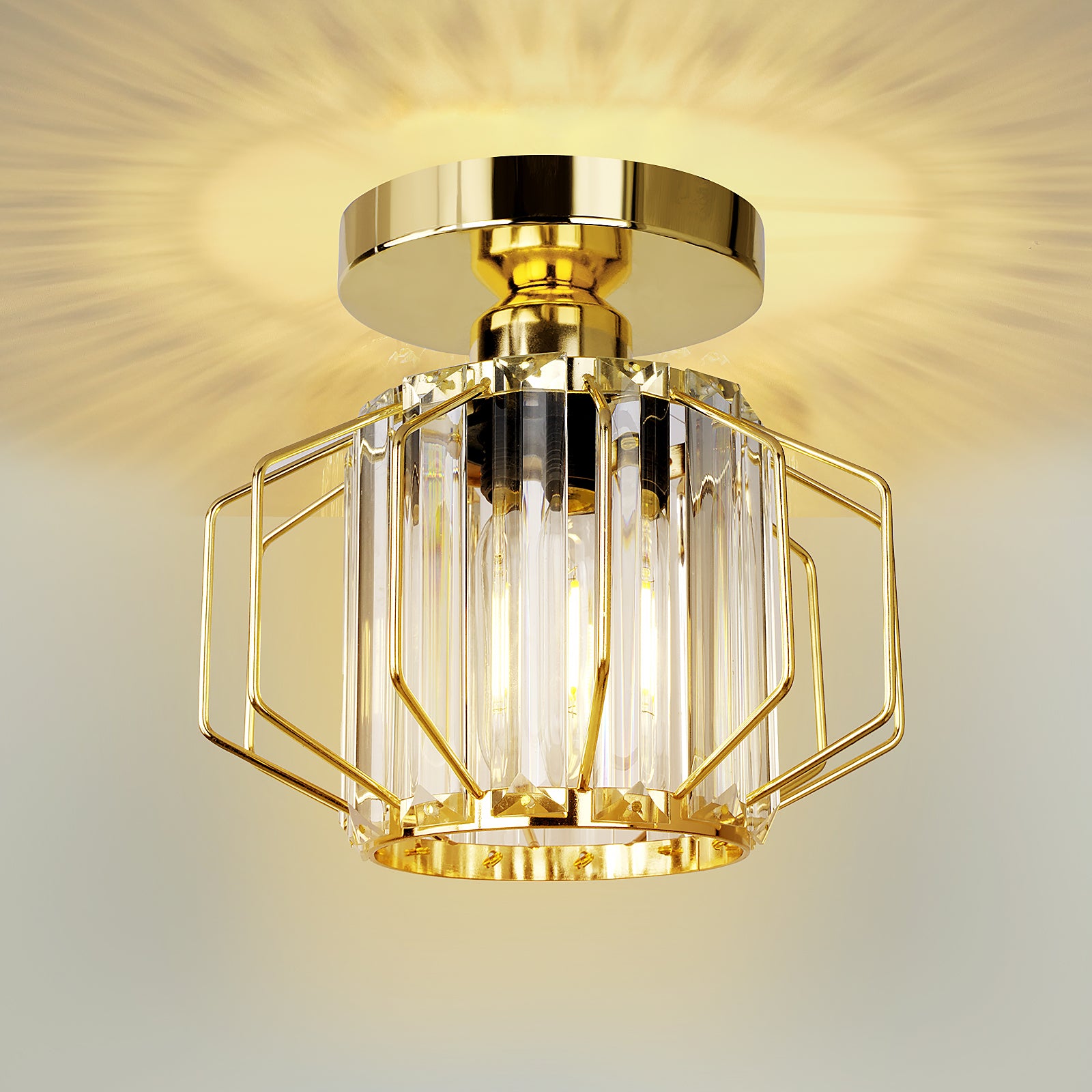 Hauspro Milan Gold Modern Geometric Style Flush Crystal Ceiling Light