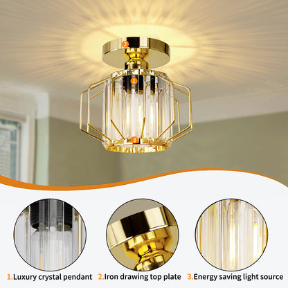 Hauspro Milan Gold Modern Geometric Style Flush Crystal Ceiling Light