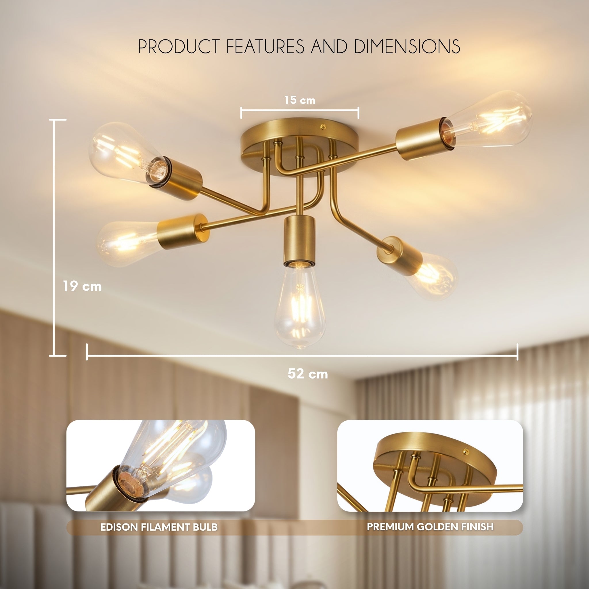Hauspro Moscow Sputnik Gold 5 Arm Ceiling Light Chandelier